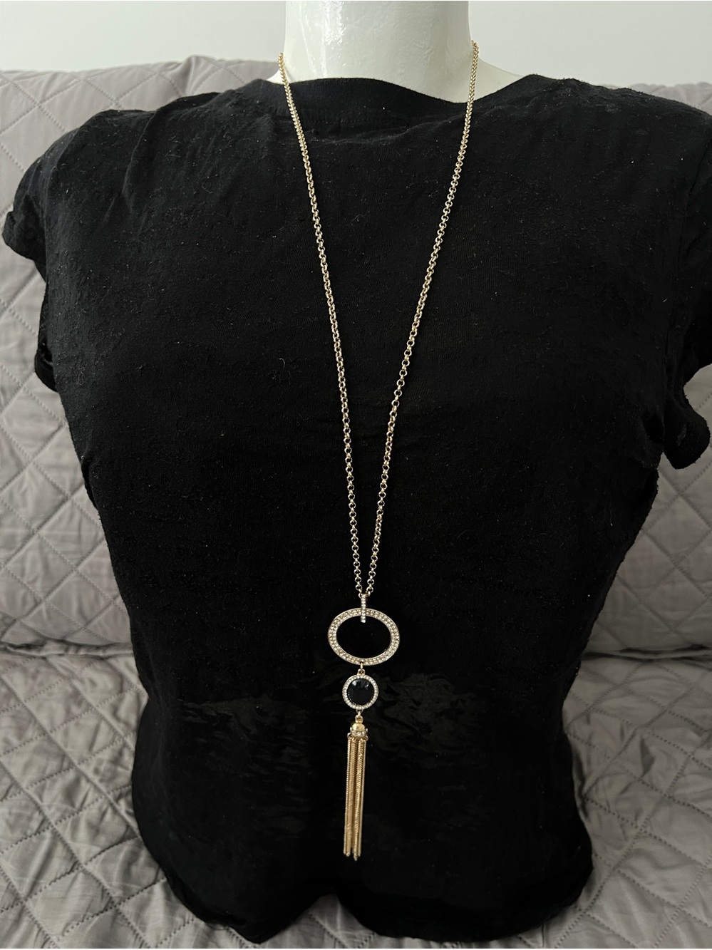 Gold Tassel Pendant Necklace with Crystal Rings - Women Jewelry